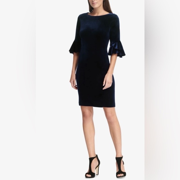 DKNY Midnight Blue Velvet Bell Sleeve  A Line Midi Cocktail Dress Size 6 - Picture 1 of 11